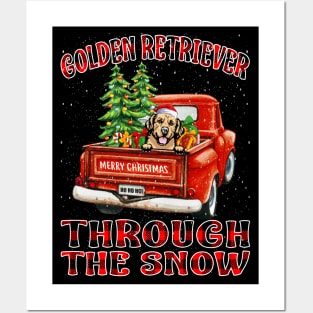 Christmas Golden Retriever Through The Snow Dog Santa Truck Tree Posters and Art